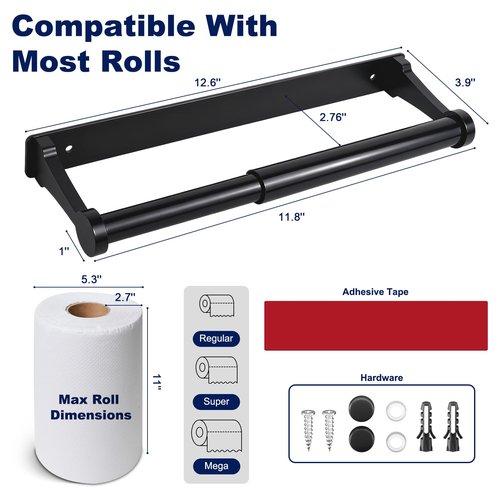 Black Paper Towel Holder Under Cabinet, Adhesive Paper Towel Holder Wall Mount Toilet Roll Holders Rack for Kitchen Bathroom Garage Counter, Anti-Drop Upgraded Telescopic Rod Design Roll