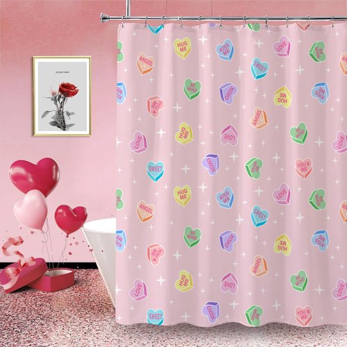 ZORKET Pink Valentines Day Shower Curtain Bathroom Decor, Candy Heart Shower Curtain Set with 12 Hooks, Valentine Shower Curtains for Bathroom, 72x72 Inch