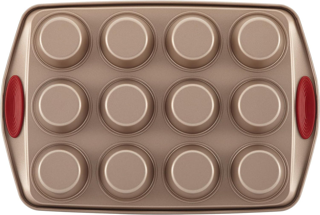 Rachael Ray Cucina Nonstick Bakeware Set - 10-Piece Baking Essentials in Latte Brown with Cranberry Red Grips