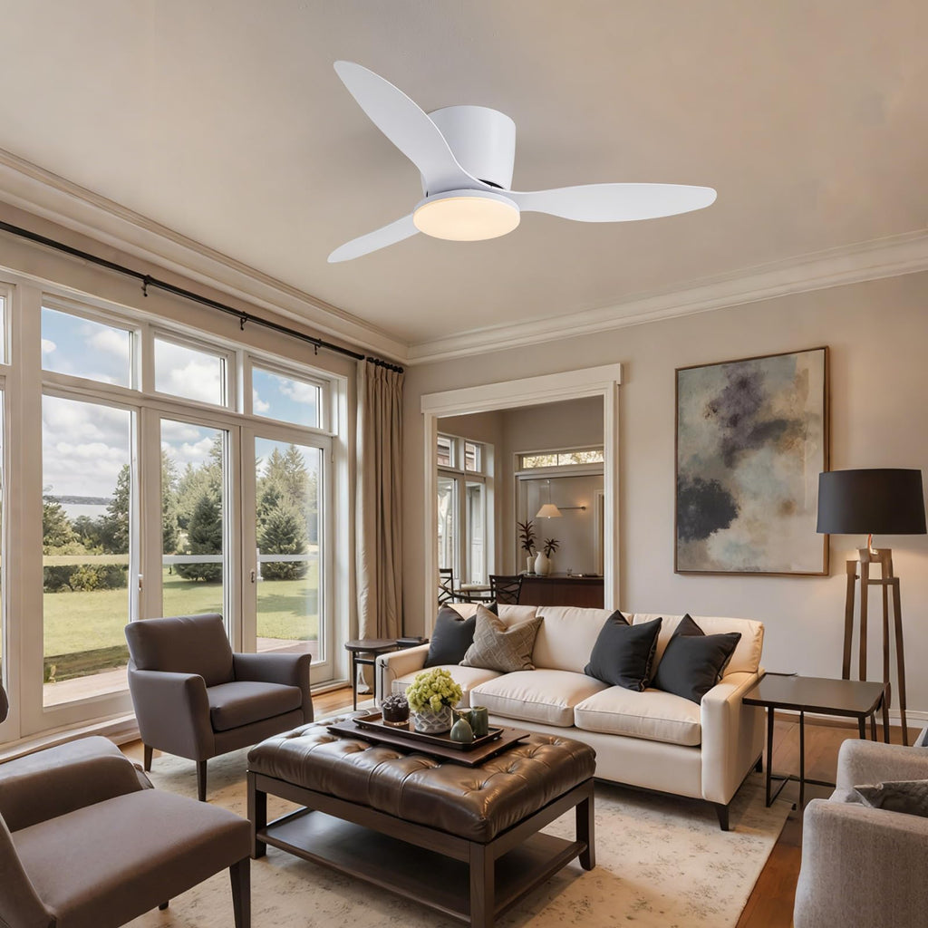 Nuoqiso 42 Inch Flush Mount Ceiling Fans with Lights and Remote Control, White Low Profile Ceiling Fan for Bedroom, Living Room,Office,Kitchen,Patios Indoor and Outdoor Use
