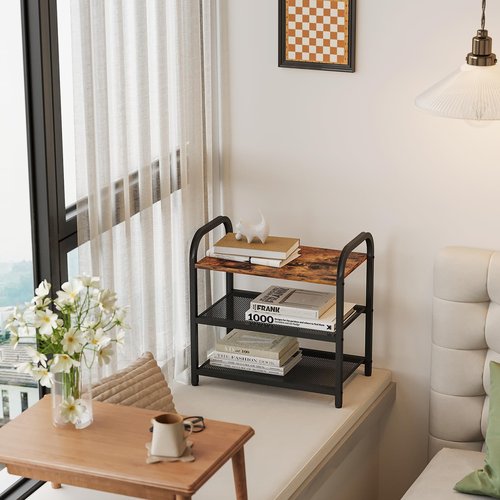 RUNJIMY 3-Tier Shoe Rack, Heavy-Duty Metal Grid, Rustic Wooden Top & Guardrails - for Entryway, Closet, Bathroom (Holds 6 Pairs, Space-Saving)