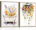 2Pcs Framed Bathtub and Shower Flower Canvas Wall Art Modern Gallery Prints Bathroom Wall Decor Pictures Floral Poster Artwork Living Room Bathroom Apartment 16X24 Inch Ready to Hang