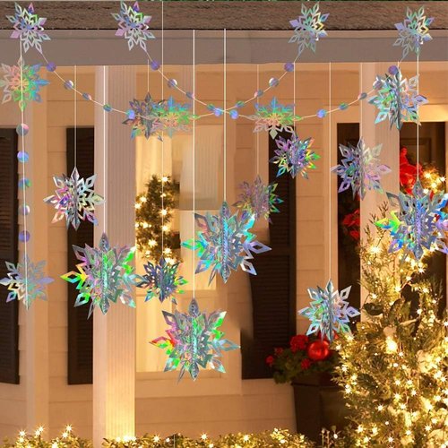 Cheerland Iridescent Snowflake Garland - Holographic 3D Decorations for Winter Onederland Party | Indoor Supplies
