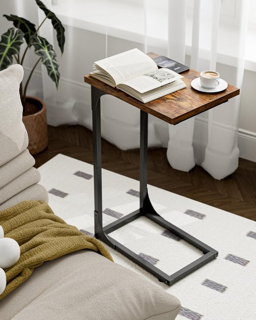 RISWER C-Shaped Side Table for Couch - Small Coffee Stand Sofa Tray Desk with Metal Frame and Waterproof Scratch Resistant, Modern End Accent for Living Room, Bedroom, Small Spaces, Rustic Brown