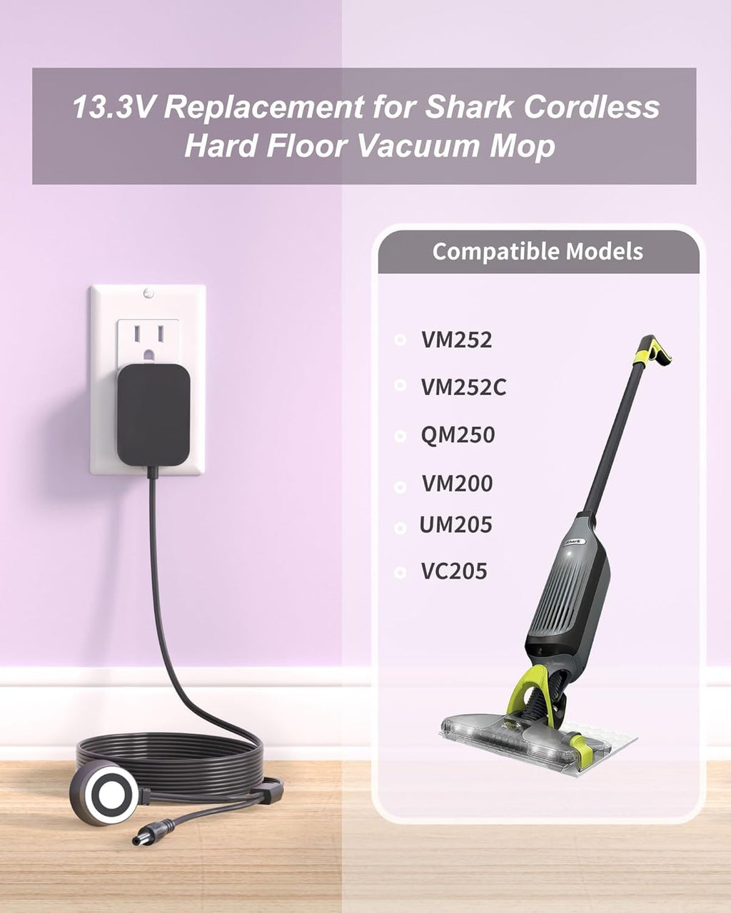 Shark Charger - Magnetic Charger for VM252, VM252C, QM250 Cordless Hard Floor Vacuum Mop