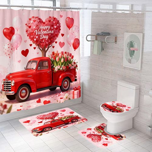 DDS-DUDES Lover Shower Curtain Set for Bathroom, Wedding,Happy Valentine's Day Red Car Heart Bath Curtain, Waterproof Fabric Shower Curtains with Hooks 71x71 inches