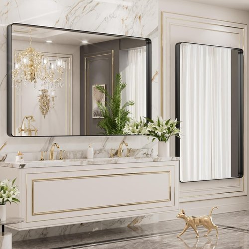 LOAAO Black Metal Framed Bathroom Mirror - 48x40 Inch Rounded Rectangle, Anti-Rust, Versatile Hanging Options
