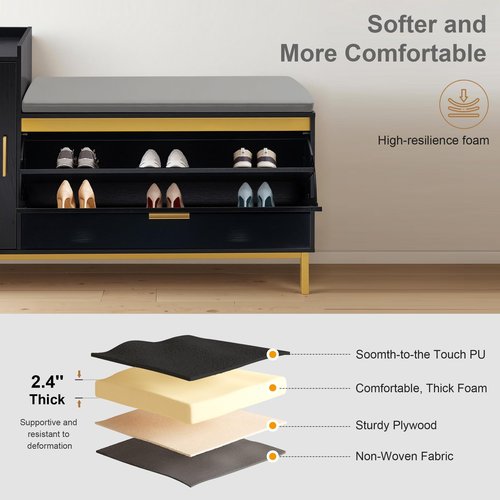 VECELO 2-Tier Shoe Storage Bench with Flip Drawers, Entryway Shoe Organizer Bench with Removable Seat Cushion & Adjustable Shelf for Entryway, Hallway, Living Room, Black