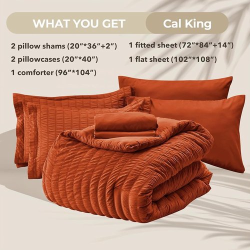 HYMOKEGE California King Comforter Set - Luxurious Burnt Orange Seersucker, 7-Piece All-Season Bedding Set