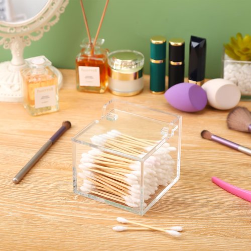 Qtip Holder Acrylic Container for Cotton Swab, Cotton Pads, Floss Picks - Restroom Containers Bathroom Essentials Accessories Decor Vanity Storage Organizer, 3.3'' x 3.2'' x 2.75''