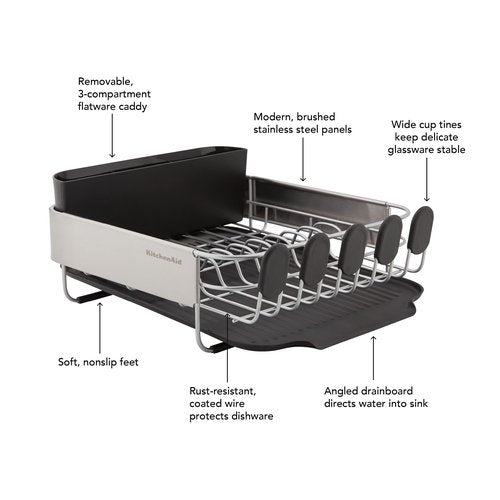 KitchenAid Compact, Space Saving Rust Resistant Dish Rack with Removable Flatware Caddy and Angled Self Draining Drainboard, 16.06-Inch, Black