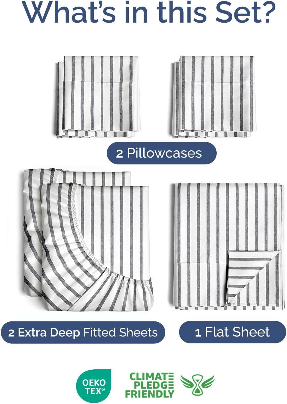 Skiennix Extra Deep Split King Sheet Set - 7 Piece Cooling Bedding - Soft, Wrinkle-Free, Grey Stripes