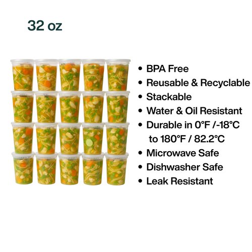 ProTakeOut 32oz [240 set] Heavy Duty Plastic Deli Container | BPA-Free Food Storage with Airtight Leak‑Proof Lids | Microwave, Freezer & Dishwasher Safe – Stackable, Bulk Reusable Soup & Meal Prep Tub