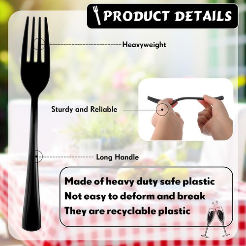 Minatee 50 Pcs Plastic Forks Disposable Cutlery Heavy Duty Dinnerware Plastic Silverware Flatware for Parties Supplies Dessert Picnics Holiday House(Black)