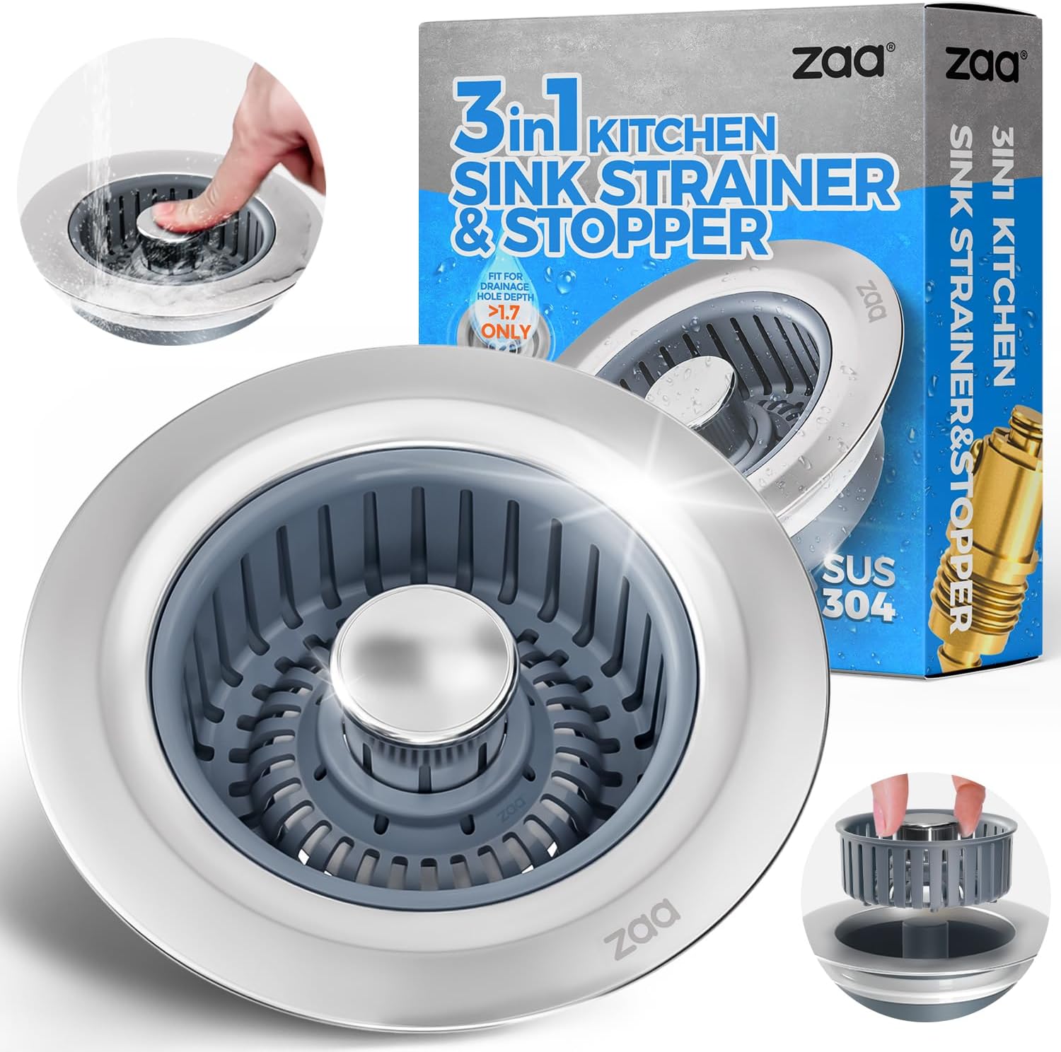 Regine Switzerland Sink Drain Strainer - 3-in-1 Anti-Clogging Kitchen Stopper for 3.5'' Sink Hole | Silver