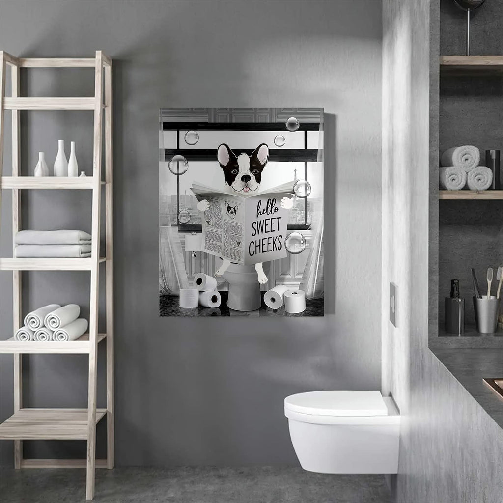 Parylore Funny Bulldog Wall Art Black and White Dog Bathroom Print Farmhouse Bathroom Animals Wall Decor Dog Sitting in Toilet Reading Newspaper Painting Framed Artwork for Toilet Bathroom 16x24 inch