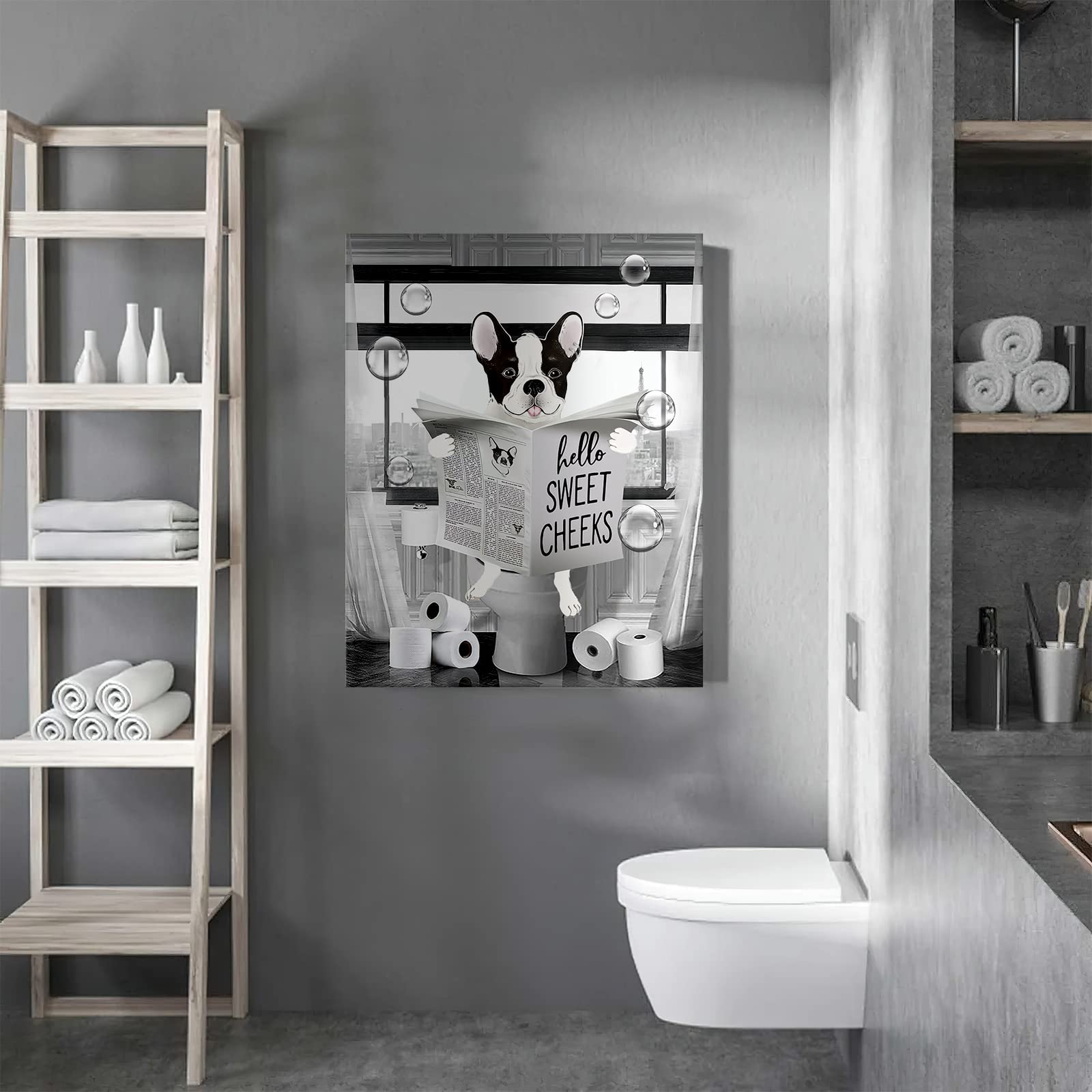Parylore Funny Bulldog Wall Art Black and White Dog Bathroom Print Farmhouse Bathroom Animals Wall Decor Dog Sitting in Toilet Reading Newspaper Painting Framed Artwork for Toilet Bathroom 16x24 inch