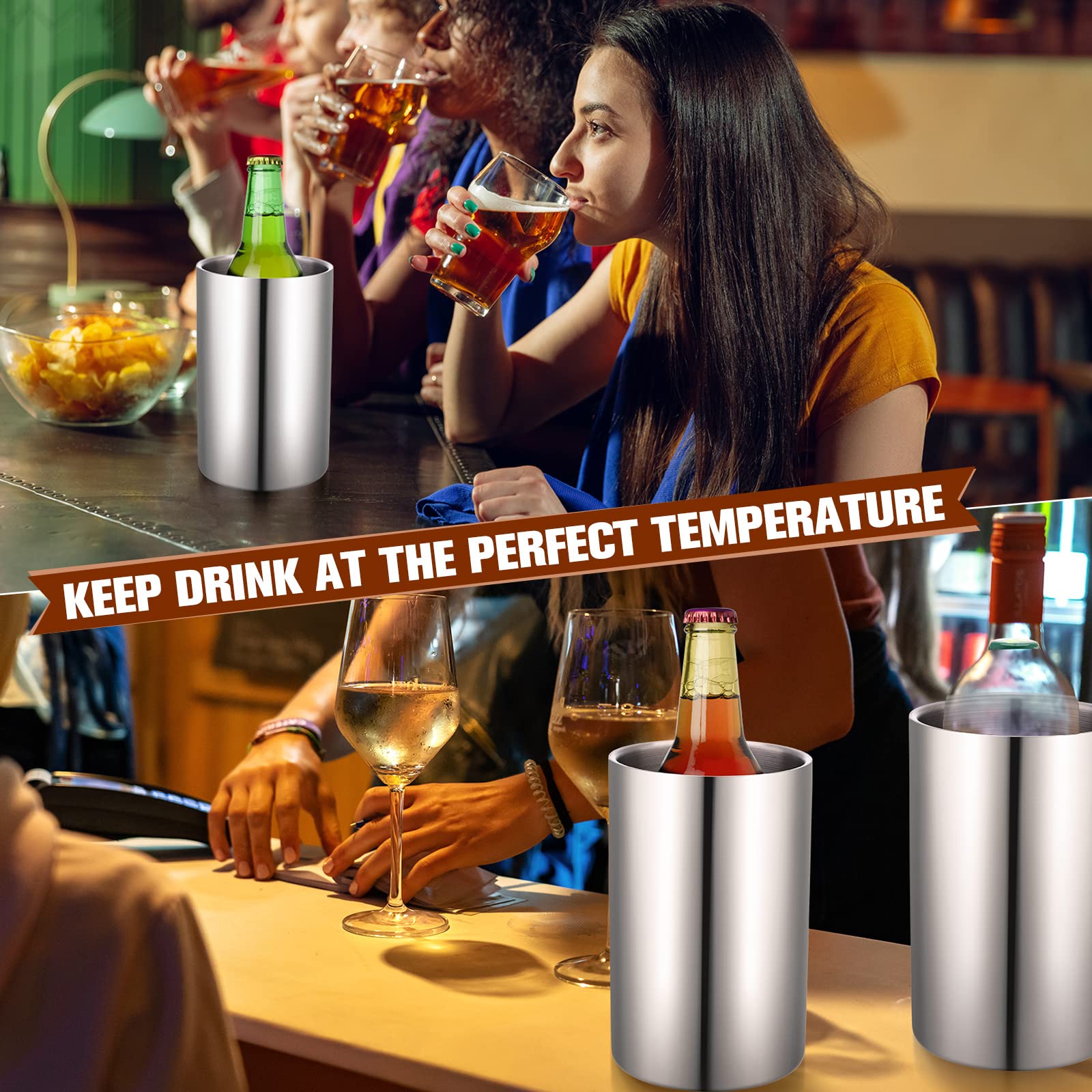 Potchen 6 Pack Wine Chiller Bucket Wine Bottles Cooler Bulk, Stainless Steel Double Wall Insulated Champagne Ice Bucket for Parties,Fits for 750 ml Bottles(Silver)