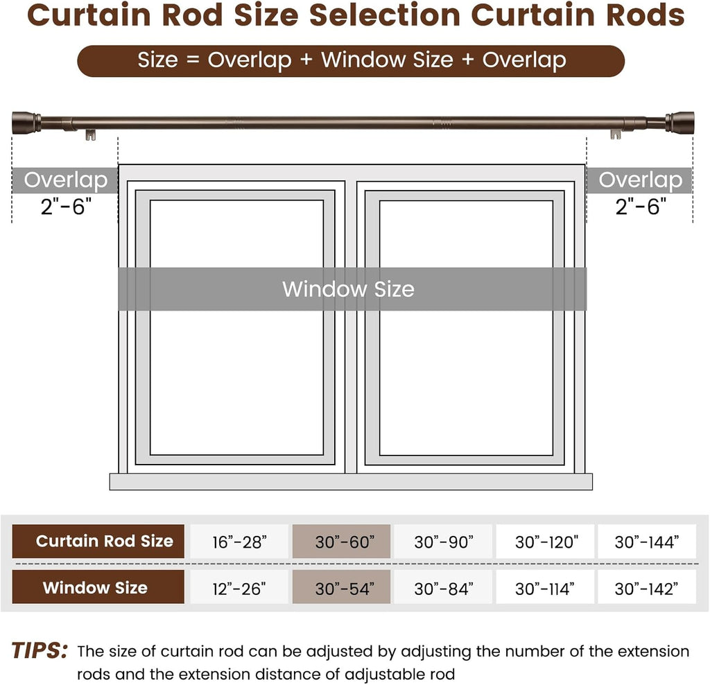 Skiennix Heavy-Duty Adjustable Brown Curtain Rod - 30 to 60 Inch, Fits 30-54 Inch Windows