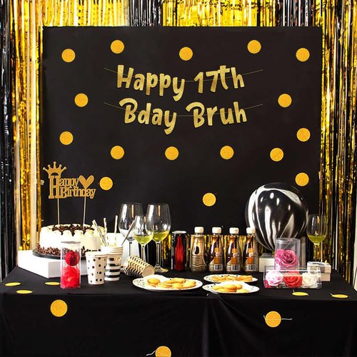 Pre-Strung Happy 17th Bday Bruh Gold Glitter Banner - Funny 17th Birthday Decorations for Teen Boys and Girls - Birthday Party Supplies and Gifts