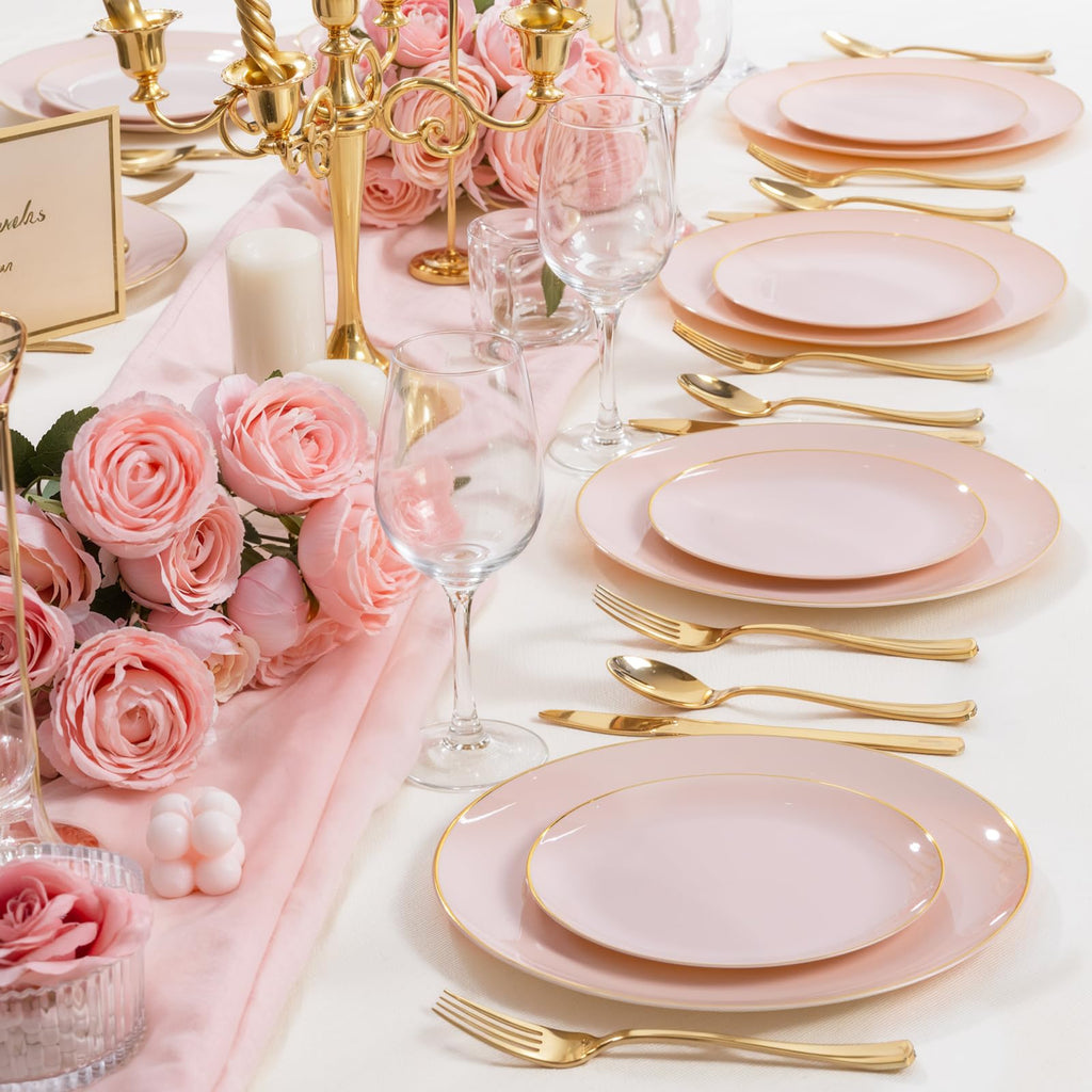 PULOTE 200Pieces Pink Plastic Plates - Premium Hard Pink and Gold Disposable - Include 100PCS 10 inch Dinner & 100PCS 7 inch Dessert Plates, Ideal for Wedding, Party & Mother's Day