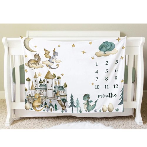 Yuzioey Dragon Milestone Blanket, Dragon Fairy Tale Baby Growth Chart Monthly Blanket, Watch Me Grow Dragon Baby Nursery for New Moms Baby Shower(50"x40")