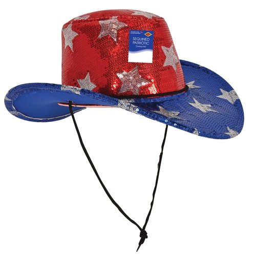 Beistle Fabric Sequined Patriotic Cowboy Hat, Chin Strap for 4th of July Party, Labor Day Celebration, Red White and Blue for USA Events