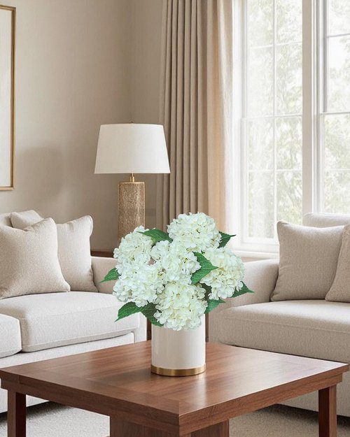 6PCS White Hydrangea Artificial Flowers Bouquets, Bulk Silk Hydrangea Heads with Stems, Fake Hydrangeas Flowers Arrangement, Faux Floral Decor for Home Wedding Party