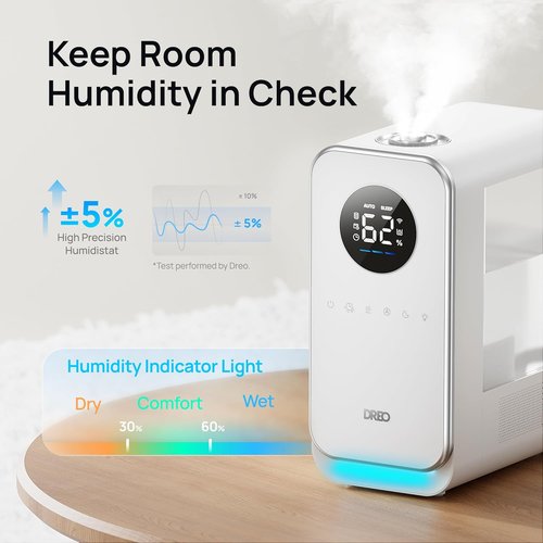 DREO Humidifier - Smart Quiet Cool Mist for Large Rooms | 50-Hour Runtime, Oil Diffuser & Nightlight, White