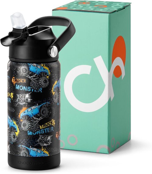 Choco Mocha Kids Insulated Water Bottle - Stainless Steel, 14Oz, Monster Truck Design