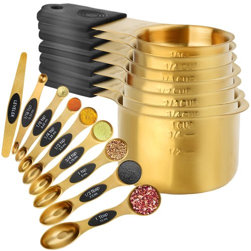 Gold Magnetic Measuring Cups & Spoons Set of 16, 7 Stainless Steel Measuring Cups, 8 Double-Sided Measuring Spoons & 1 Leveler, Premium Finish Baking Tools Kitchen Gadget for Dry & Liquid Ingredients