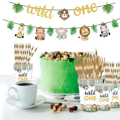 Wild One Birthday Decorations 202 Pcs for 25 Guests, Jungle Safari Theme Party Supplies with Animal Plates Napkins Cutlery Tablecloth Banner, Baby Shower or Boys 1st Birthday Party