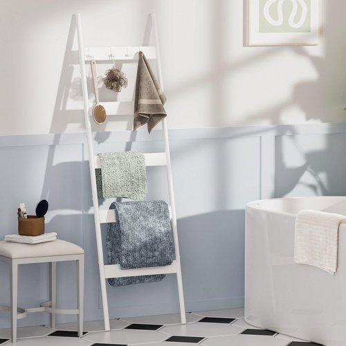 Blanket Ladder, 5-Tier Towel Holder with 4 Removable Hooks, Farmhouse Wall Leaning Decorative Rack Shelf, Wooden Towel Display Rack, Quilt Ladder for Living Room, Bedroom, White