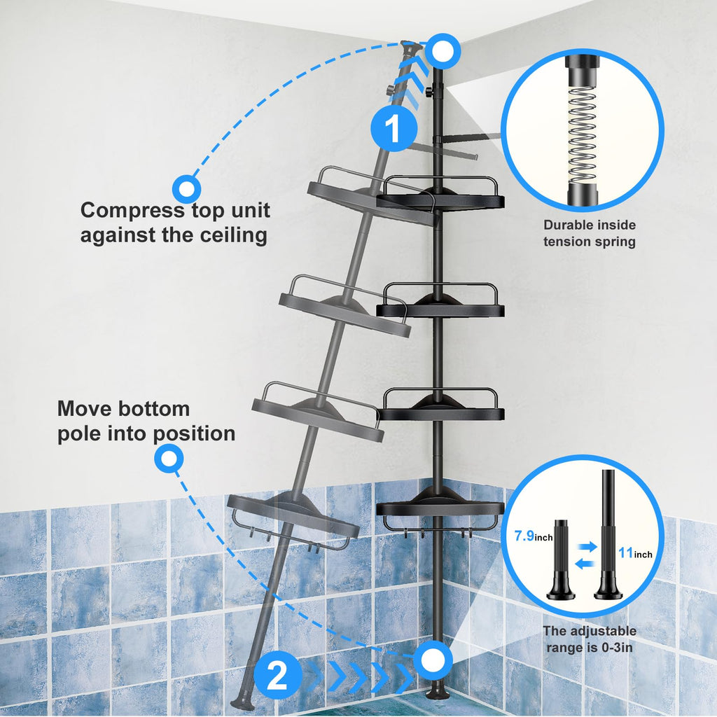 HAMITOR Corner Shower Caddy Tension Pole: Adjustable Stainless Steel Shower Organizer 4 Tier Shelf for Bathroom Bathtub Shampoo - Floor Standing Rack Bath Storage Holder with Rust Proof Rods - Black