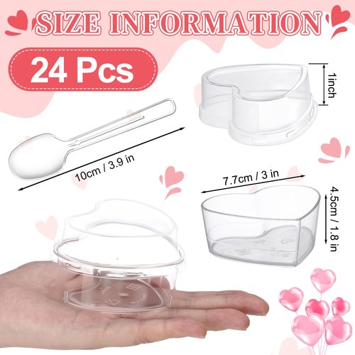 Potchen 24 Pack Heart Shaped Dessert Cups with Lids and Spoons 4 oz Mini Plastic Dessert Container Appetizer Parfait Cups Clear Shooter Container for Valentine Wedding Serving Party