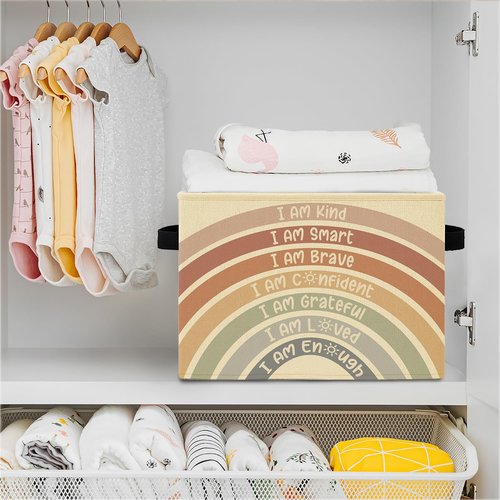 Elefeltclave Boho Rainbow Nursery Storage Bins,I Am Kind Positive Affirmations Collapsible Storage Basket Organizer for Kids Room Nursery Playroom Classroom Clothes Toys Books, Toybox for Girls Boys