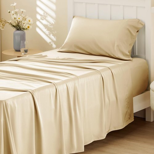Bedsure Cooling Twin Sheets - Breathable & Soft Rayon from Bamboo - Deep Pocket Up to 16 Inches - Hotel Luxury Alabaster Gleam