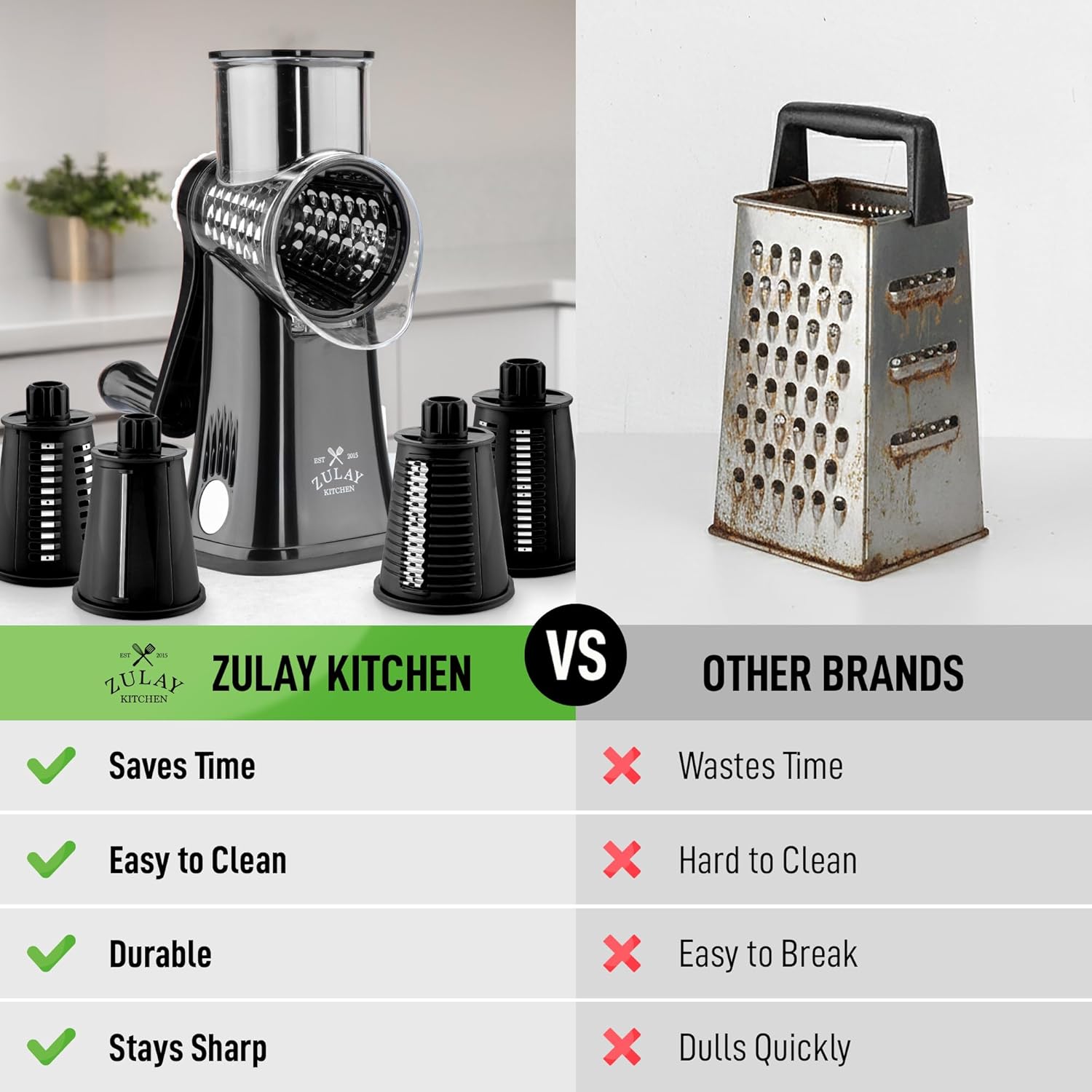 Zulay Kitchen Rotary Cheese Grater - 5 Blade Manual Cheese Shredder with Suction Base & Interchangeable Drums