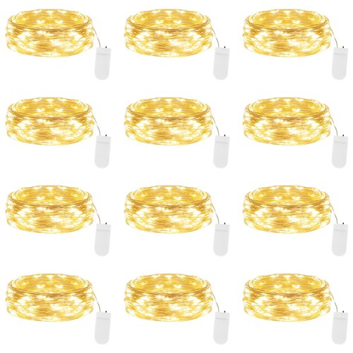 Lakumu 12-Pack Fairy Lights Battery Operated String Lights 7FT 20 LED,Waterproof Silver Wire Firefly Lights for Mason Jars DIY Bedroom Wedding Party Centerpiece Table Decor, Warm White