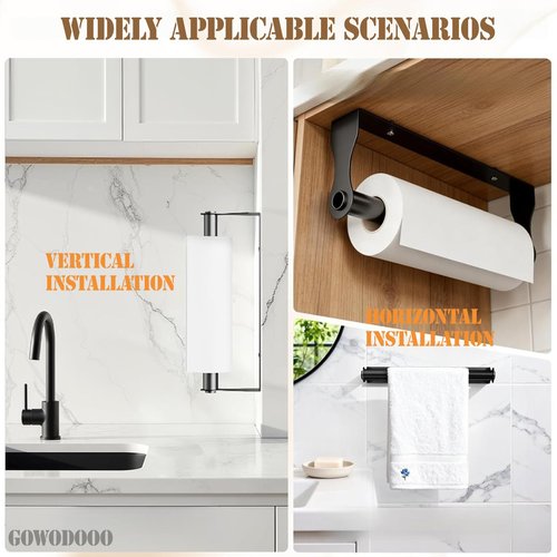 GOWODOOO Paper Towel Holder Under Cabinet,Paper Towel Holder,SUS304 Stainless Steel Alloy Kitchen Towel Holders,Self Adhesive Kitchen Roll Holder for Kitchen,Living Room,Bathroom(Matte Black)