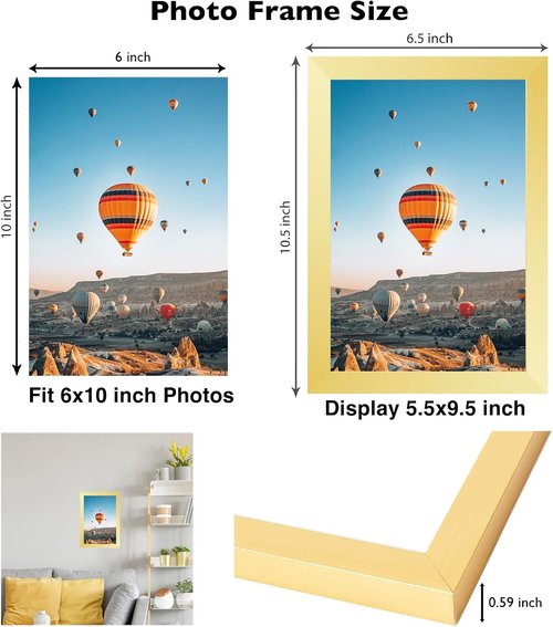 JCJMY Gold Picture Frame 6x10 - Versatile Wall Hanging or Tabletop Display with Shatter-Resistant Plexiglass
