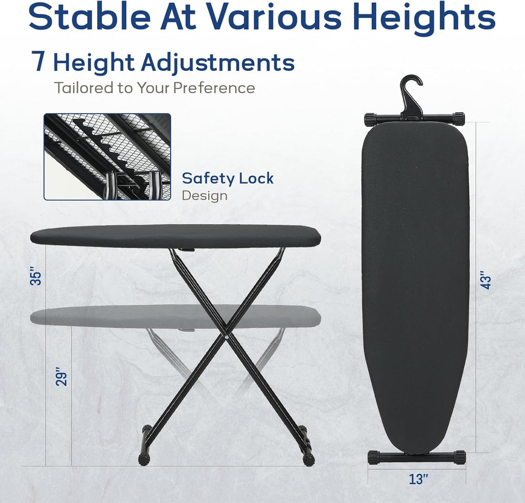 RAINHOL Ironing Board - Compact Full-Size 43x13 with Heat-Resistant Silicone Pad | Easy Storage & Adjustable Height - Black