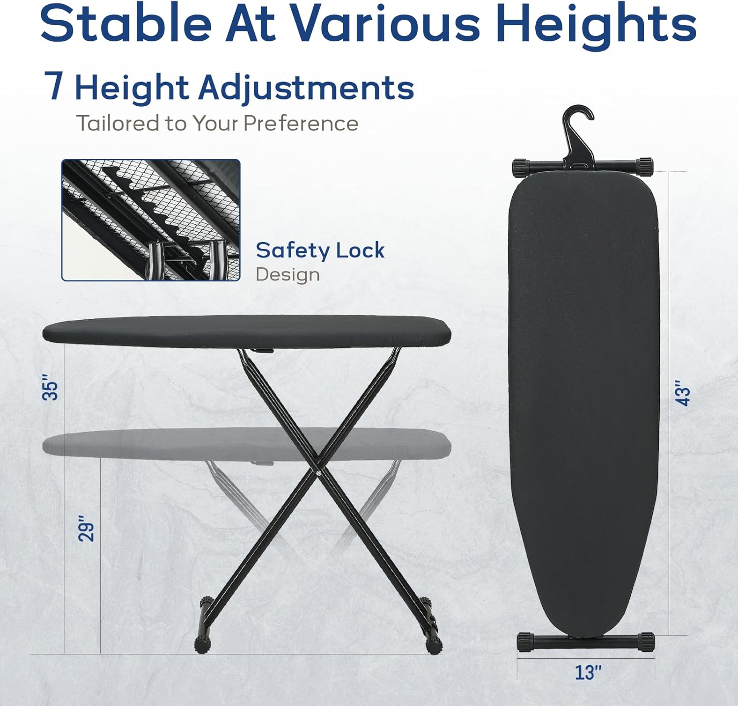 RAINHOL Ironing Board - Compact Full-Size 43x13 with Heat-Resistant Silicone Pad | Easy Storage & Adjustable Height - Black