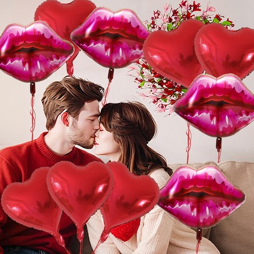 10Pcs Red Heart Ballons Lip Balloons Kiss Balloons with Ribbon for Valentine's Day Wedding Anniversary Love-Themed Parties Makeup Themed Party Kiss the Miss Goodbye Galentine's Day Decor