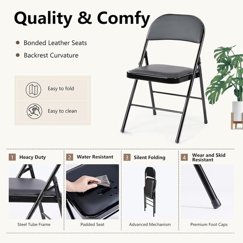DUMOS Leather Padded Folding Chairs - Portable Stackable Steel Frame Seats for Home & Office | Black, 2 Pack