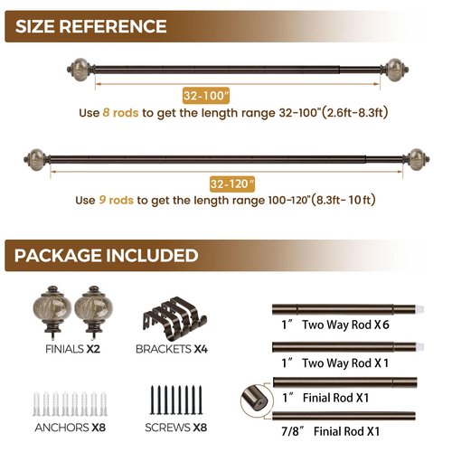KAMANINA 1 Inch Curtain Rods for Windows 66 to 120 Inches Bronze Heavy Duty Curtain 32 to 120 (2.6-10ft), Adjustable Long Drapery Rods with Marbled Finials