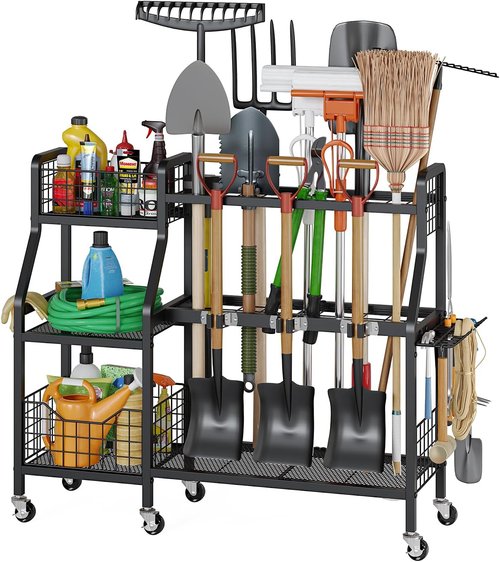 Keomaisyto Garden Tool Organizer - Heavy Duty Metal Storage with 6 Wheels & 2 Baskets | Perfect for Garage, Shed, or Yard
