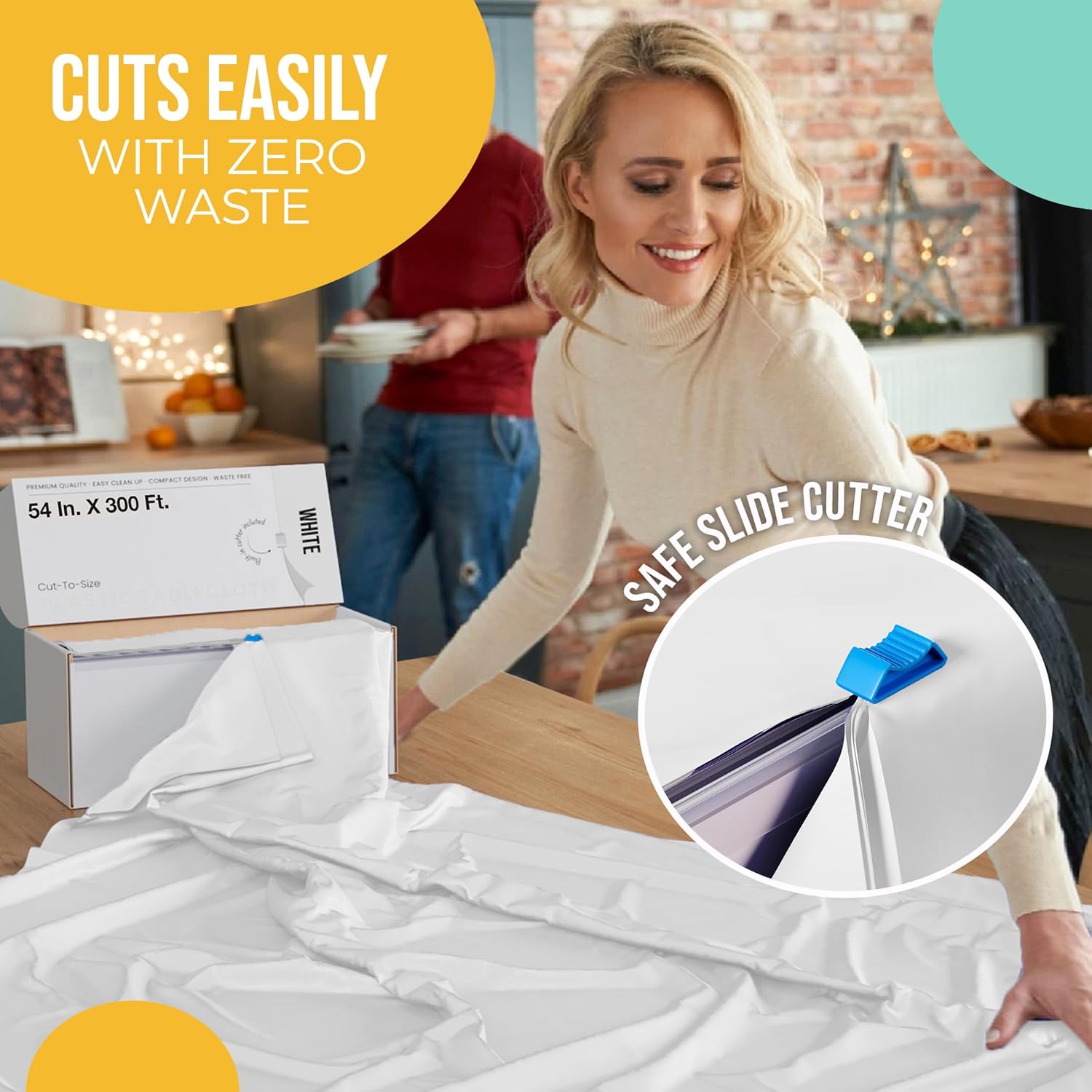 Party Solids White Plastic Table Cover Roll - 54 Inch X 300 Feet with Slide Cutter for Easy Cutting