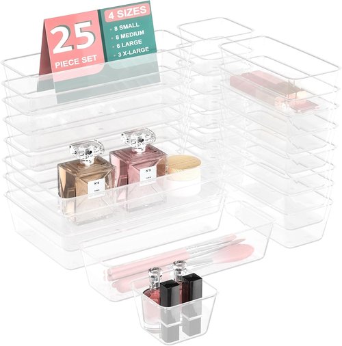 25 PCS Plastic Drawer Organizer Set - Clear Non-Slip Storage Bins for Makeup, Jewelry & Office | Versatile Trays