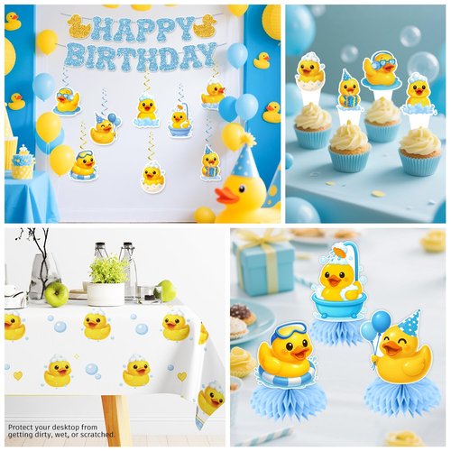 Xynic 210 Pcs Duck Birthday Decorations, Tableware Set with Plates, Duck Cupcake toppers, Napkins, Serves 25, 3 Birthday Candles, 2 Tablecloths, Banner, Balloons, Cups, for Duck Party Decorations